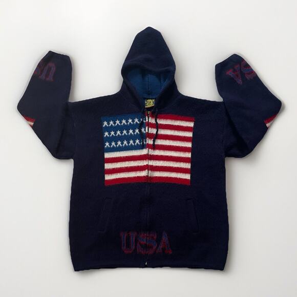 Vintage Tejidos Ruminahui WOOL Full Zip Hooded Navy Blue Sweater USA Flag Knit L - Picture 1 of 8